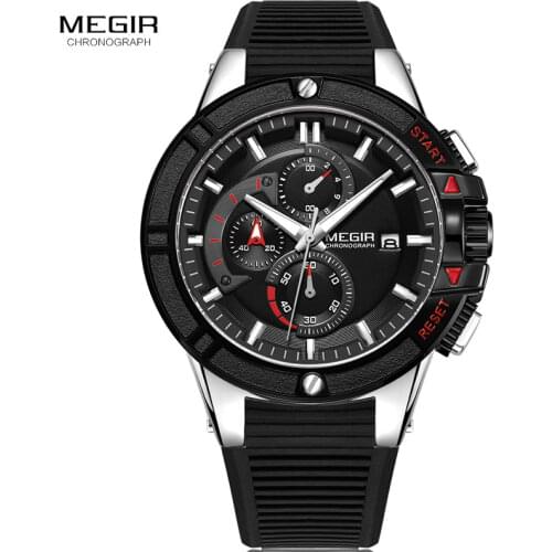 MEGIR Mens Military Sport Chronograph Watches Silicone Army Quartz Wristwatch Relogios Masculino Top Brand 2095 Silver Black