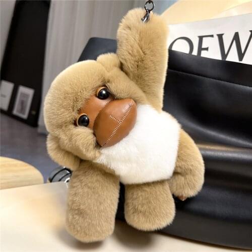 Cute Plush Monkey Real Rex Rabbit Fur Keychain Kids Bag Charm Pendant Womens Car Metal Keyring Highend Rearview Mirror Toy Gift