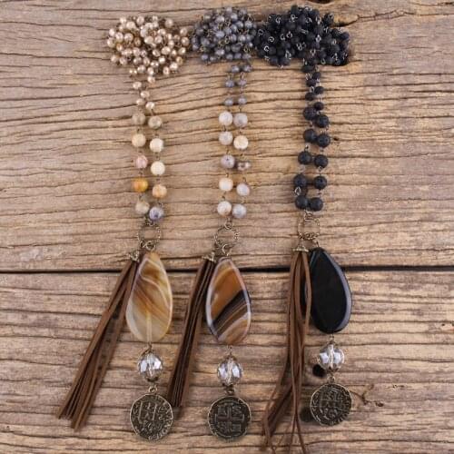 RH Fashion Bohemian Jewelry Accessory Natural Stones /Glass Crystal With Stone Dorp Pendant Tassel Necklaces For Women Gift