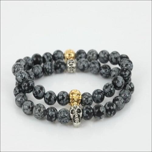 High quality gold/silver color skull head men charm stretch bracelet natural 8mm snowflak round gem stone beads women bracelet