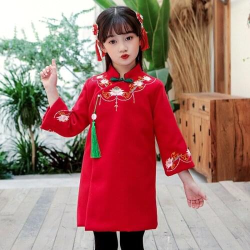 New Chinese style Spring Festival double-sided long-sleeved woolen dress Winter red ethnic cheongsam Hanfu girl dress
