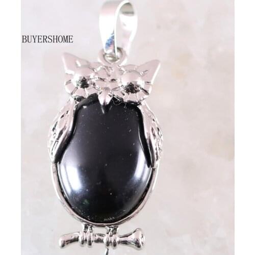 Pendant Necklace&Earrings Jewelry Sets Natural Stone Bead Black Onyx Owl Women Gift 1Set K336