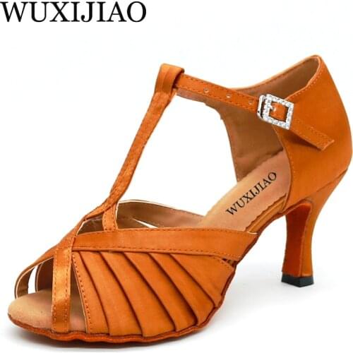Shengzixue womens latin dance shoes Rhinestone Size US 4-12 bronze Salsa Satin Shoes For Comfortable 9cm Heel Height Dancing