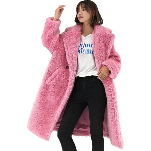 Women Faux Fur coat 2018 winter Thick warm Lamb Fur jacket Plus size female Woolen coat Casual tops long Hairy Fur coats N269