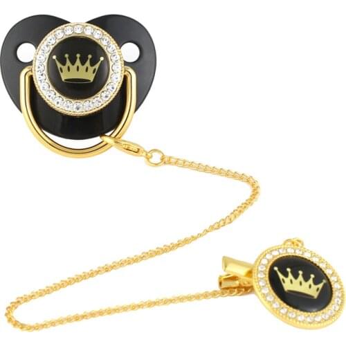 Black Golden Bling Baby Pacifier with Clip Chain BPA Free Silicone Infant Rhinestone Nipple Soother 0-18 Months Shower Gift