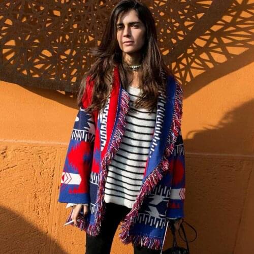 Jacquard knit cardigan fringe street wear fashion icon cardigan women warm long sleeve belt tied cardigan coat