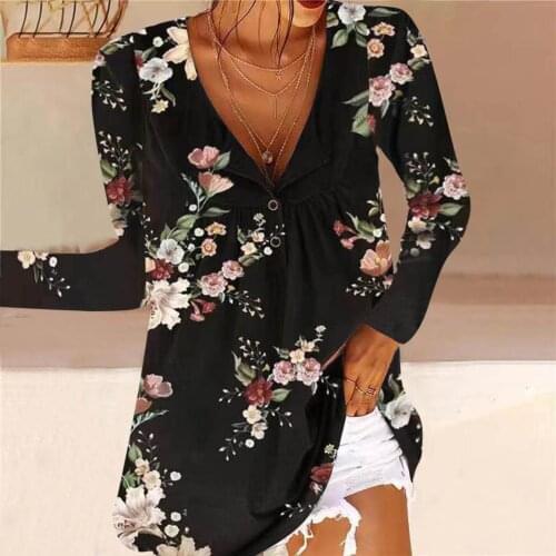 Women Long Sleeve Deep V-neck Buttons Pocket T-Shirt Beautiful Flowers Printing Blouse Top Daily All-match Lovely Girls T-shirt