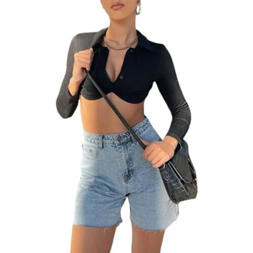 2021 New Women Casual Long Sleeve T-shirt Fashion Solid Color Button Lapel Exposed Navel Tops