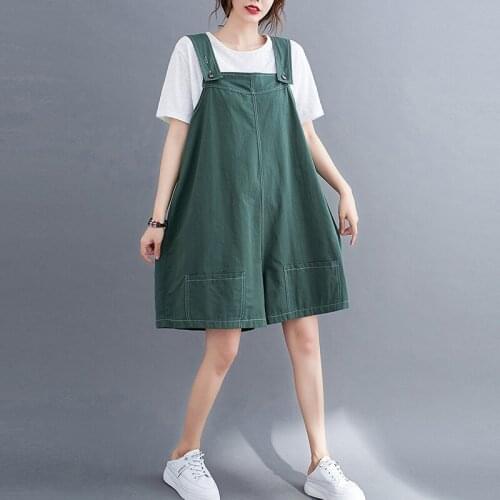 Women Summer Cotton Casual Playsuits Rompers New Arrival 2021 Simple Style Solid Color Loose Female Wide Leg Overalls B028