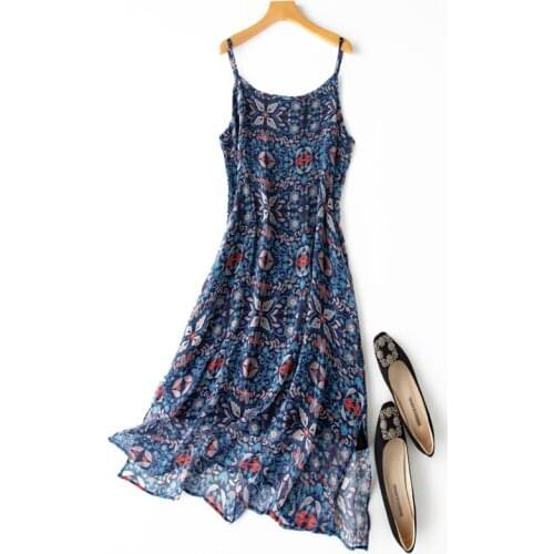Womens 100% Silk luxury Fashion Heavy double layer sun-top Long Dress Elegant Navy flowers Prints One Size L1153