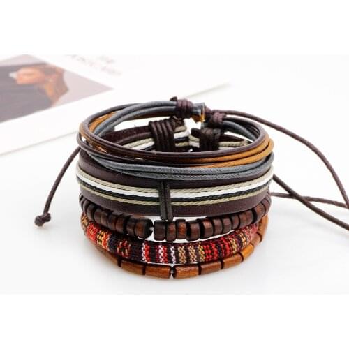 345pcs/set Gypsy Hippie Punk Tibetan Light Dark Brown Wood Beads Wrap Leather Cord Layers Stackable Bracelets Bangle Set for Man