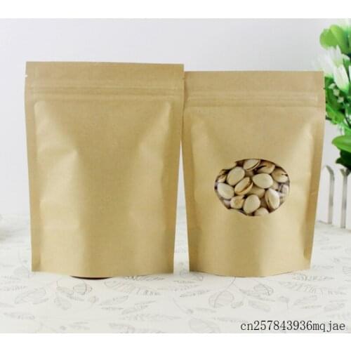500 Pcs Kraft Paper Food Bag Sealing Bag with Oval Window Zip Stand-up Bags for Storing Cookie Dried Food Snack