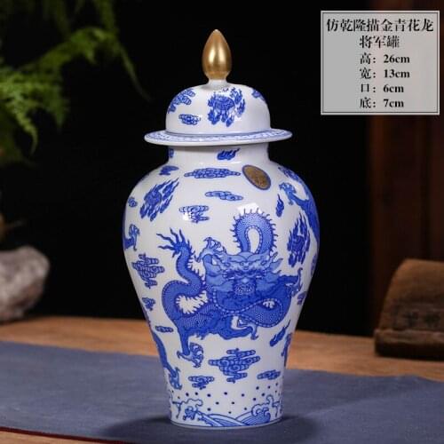 Antique Jingdezhen Blue and White Ceramic Dragon Golden Flower Vase For Home Decor