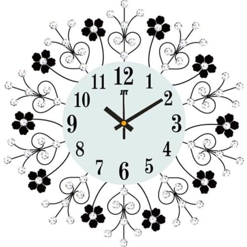Free Shipping Modern Fashion Watch Black and White Rhinestone Wall Clock Floral Pattern Metal Frame 320 Quartz Mute Circular