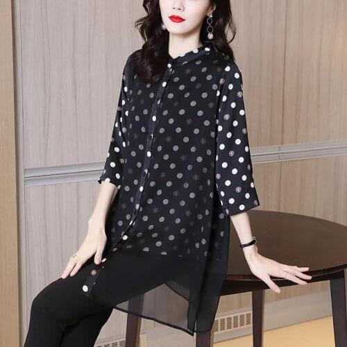 Dots Chiffon Blouses Women Shirts Summer Temperament Loose Large Size Tops Fashion Stand-Up Collar Lace Splice Blusas MM0253
