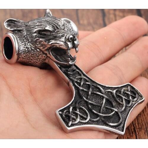 Large Heavy Fashion Personality Biker Wolf Thor Hammer Pendant 316L Stainless Steel Vintage Rolo Chain Men Necklace 24