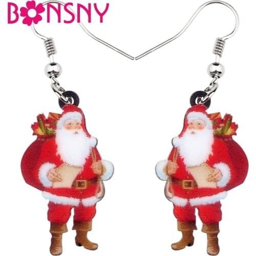 Bonsny Acrylic Christmas Santa Claus Father Earrings Drop Dangle Gift Bag Ornaments Gift Jewelry For Women Girls Bijoux Bijoux