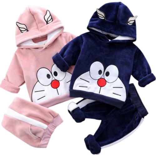 Children Cartoon Doraemon Clothes Sets Toddler Boy Girls Thick Warm Velvet Top Sweatshirt+Pants 2Pcs Outfits Kids Cute Clothes