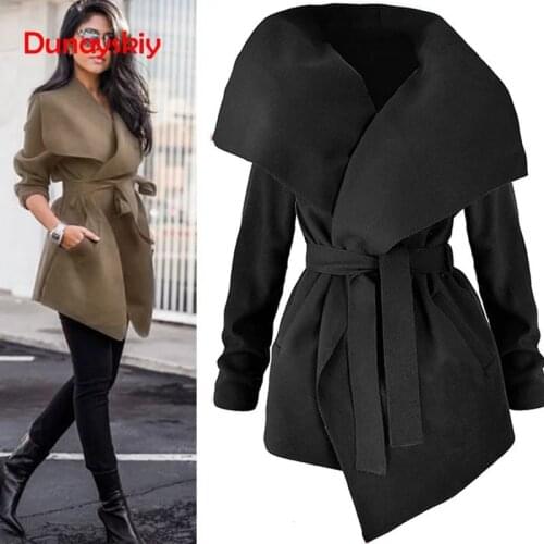 Elegant Solid Wool And Blends Coats Women High Fashion Waist Bow Wrap Belt Coat Feminino Mid Length Autumn Winter Slim Coats