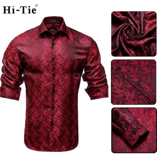 Hi-Tie Silk Black Burgundy Casual Mens Shirt Luxury Silver Shirt For Men Wedding Dress Fashion Slim Fit Long Sleeve Dropshipping