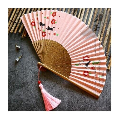 Japanese style Japanese kimono bamboo folding fan cotton hemp cloth black cat cherry blossom cosplay props A