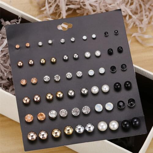 30 Pairs/set Classic Womens Round Ball Metal Pearl Earrings For Women Girl Gifts Crystal Stud Earring Sets Mix Jewelry