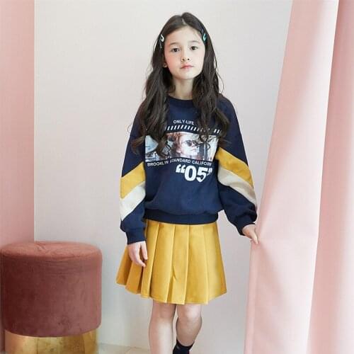 8 10 12 years Girls Skirts Suits Korea Style Long Sleeve Sweatshirt + Yellow Pleated Skirts 2 piece Teenage Girls Outfit