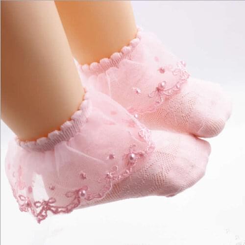 Baby Girl Lace Socks Lace Princess Socks Baby Cotton Thin Sock Toddler Girls Pearl Short Spring Summer Newborn Infant White Pink