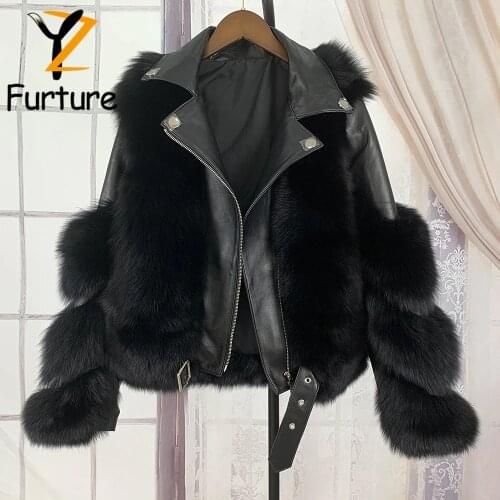 2020 Trendy Genuine Fur Jacket For Women Real Fox Fur Coat Splicing Sheepskin Leather Warm Thick Winter Outerwear Fox Fur Jacket