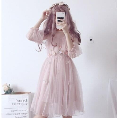 Summer Japanese Lolita Lace Dress Soft Kawaii Floral Vintage Flowers Women Sexy Clothing Sweet Pleated Femme Two Piece Sets
