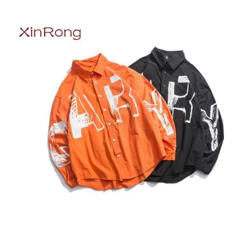 Spring new letter printing fashion mens shirt personality trendy brand youth slim shirt hip-hop hip-hop male long-sleeved shirt