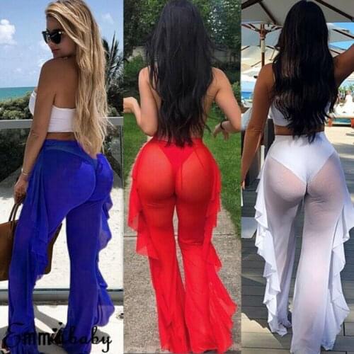 New Boho Womens High Waist Wide Leg Long Flared Bell Bottom Mesh Bikini Cover Up