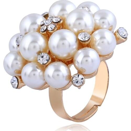 Open Pearl Rings Gold Color Cubic Zircon Pearl Rings Leaf Open Adjustable Big Pearl Rings For Women Wedding Fashion Jewelry