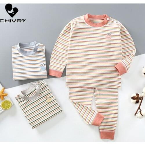 New 2020 Kids Boys Girls Pajama Sets Striped Print Long Sleeve O-Neck T-Shirt Tops with Pants Baby Autumn Sleeping Clothing