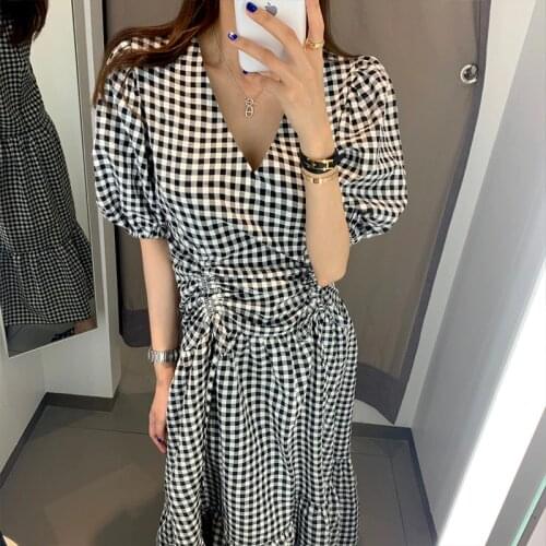 Korean Style V-neck Pleated Mid-length Plaid Dress