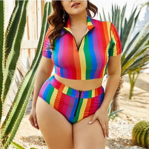 Plus Size Swimwear Women Two-Piece Swimsuits Rainbow Stripe High Waist Bathing Suit Short Sleeve Tops+Thong Biquini XXL-5XL