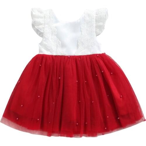Christmas Girls Dress, Sweet Style Color Matching Lace Splicing Bow Faux Pearl Decoration Fly Sleeve Mesh Princess Grown 6M-6T
