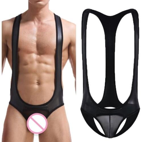 Sexy Mens Undershirts Jockstrap Mesh Open Crotch PU Leather Jumpsuits Wrestling Singlet Underwear Lingerie Latex Gay Bodysuits