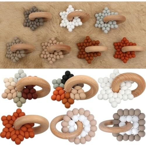 Food Grade Silicone Beads Baby Teether Beech Wood Ring Teething Newborn Bracelet Play Gym Silicone Teether Montessori Baby Toys
