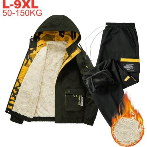 Tracksuits Lined Winter Fleece Men Thick Hooded Jacket Pants Two Piece Sets Sportswear Male Armygreen Large Size 6xl 7xl 8xl 9xl