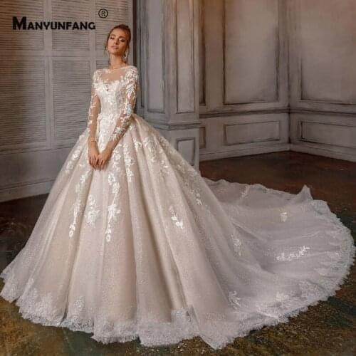 Custom Made Cathedral Train Embroidery Appliques Tulle Bridal Ball Gown High-End O-Neck Full Sleeve Lace Up Back Wedding Dress