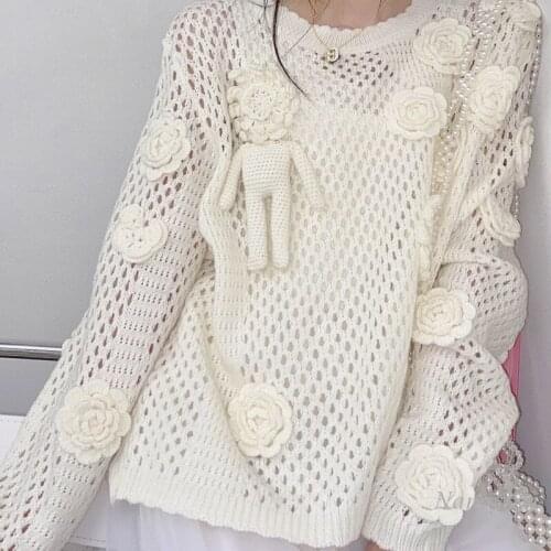 Handmade Crochet Hollow-out Sweater Womens Summer Autumn Ice Silk Thin Pullover Knitwear Nancylim