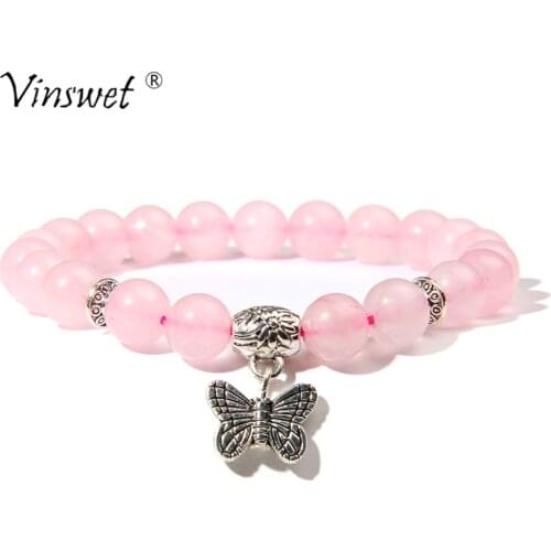 Women Bracelets Natural Pink Quartz Stone Beads Bracelet Butterfly Pendant Charm Pulsera For Homme Jewelry Men Elastic Bangles