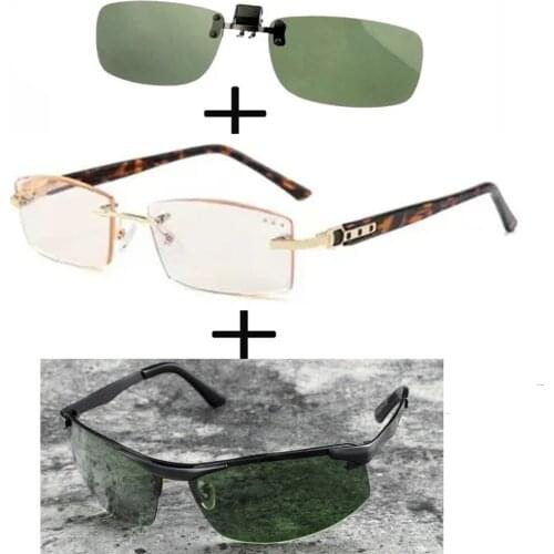 3Pcs!!! Titanium Gentleman Diamond Cut Reading Glasses Men Women + Polarized Sunglasses Ultralight Pilot + Sunglasses Clip