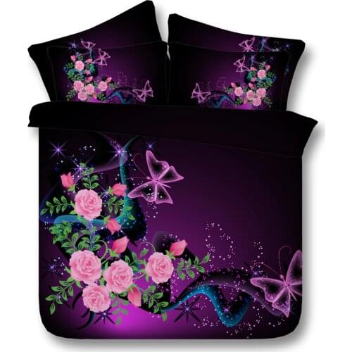 3D Purple Floral Bedding set Rose Flower quilt duvet cover bedspreads linens bed sheet Cal King Queen size twin Butterfly 4PCS