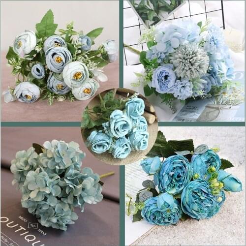 1 Bouquet blue Artificial Flowers Peony Tea Rose Autumn Silk Fake Flowers for DIY Living Room Home Garden Wedding Decoration