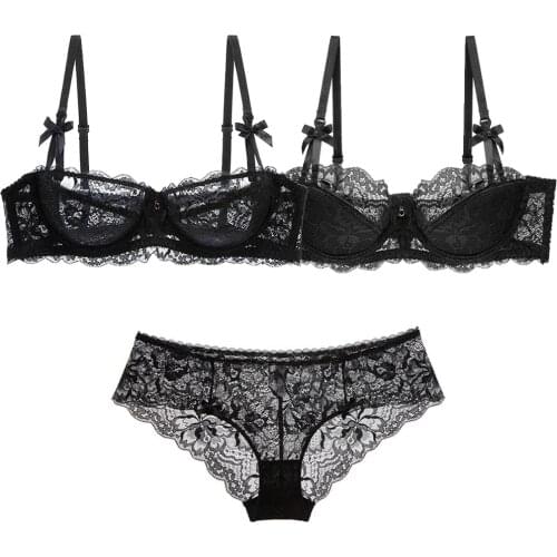Womans soft cute bra gathers sexy lingerie ultra thin see through breathable womens underwear bow lace panties 3pcs/set