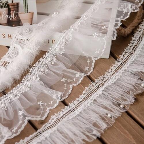 1Yard Handmade Flower White Mesh Embroidery Pearl Lace Trim Dance Dress Skirt Accessories Headwear Decoration Tassel Materials