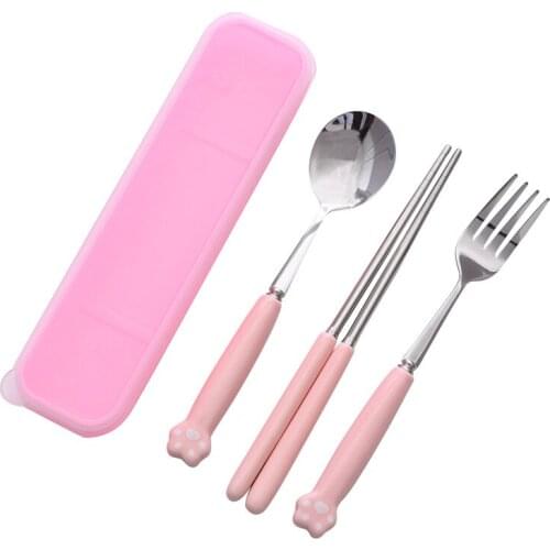 Ceramic Cutlery Spoon and Fork Portable Stainless Travel Set Kitchen Accessories Cartoon Creative Cat Paw Tableware Set