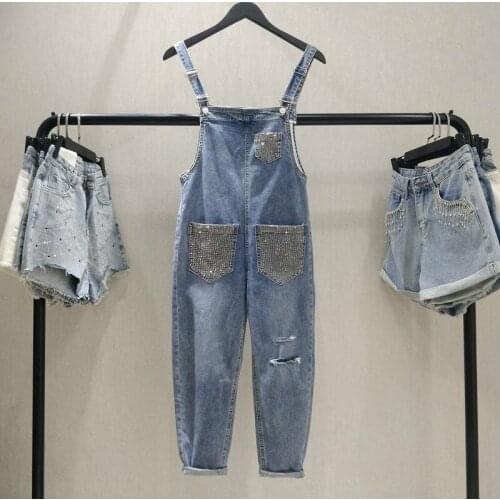 Overall Women Shoulder Strap Jeans High-waist Strap Pants Girls Students Spring Summer New Hot-drilled Holes Loose Jeans Pants